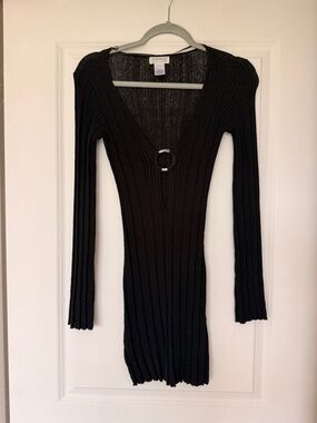 l*space Black Ribbed Long-Sleeve Mini Dress with Ring Detail